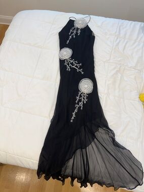 Bari Jay Black Evening Gown with White Floral Appliqués